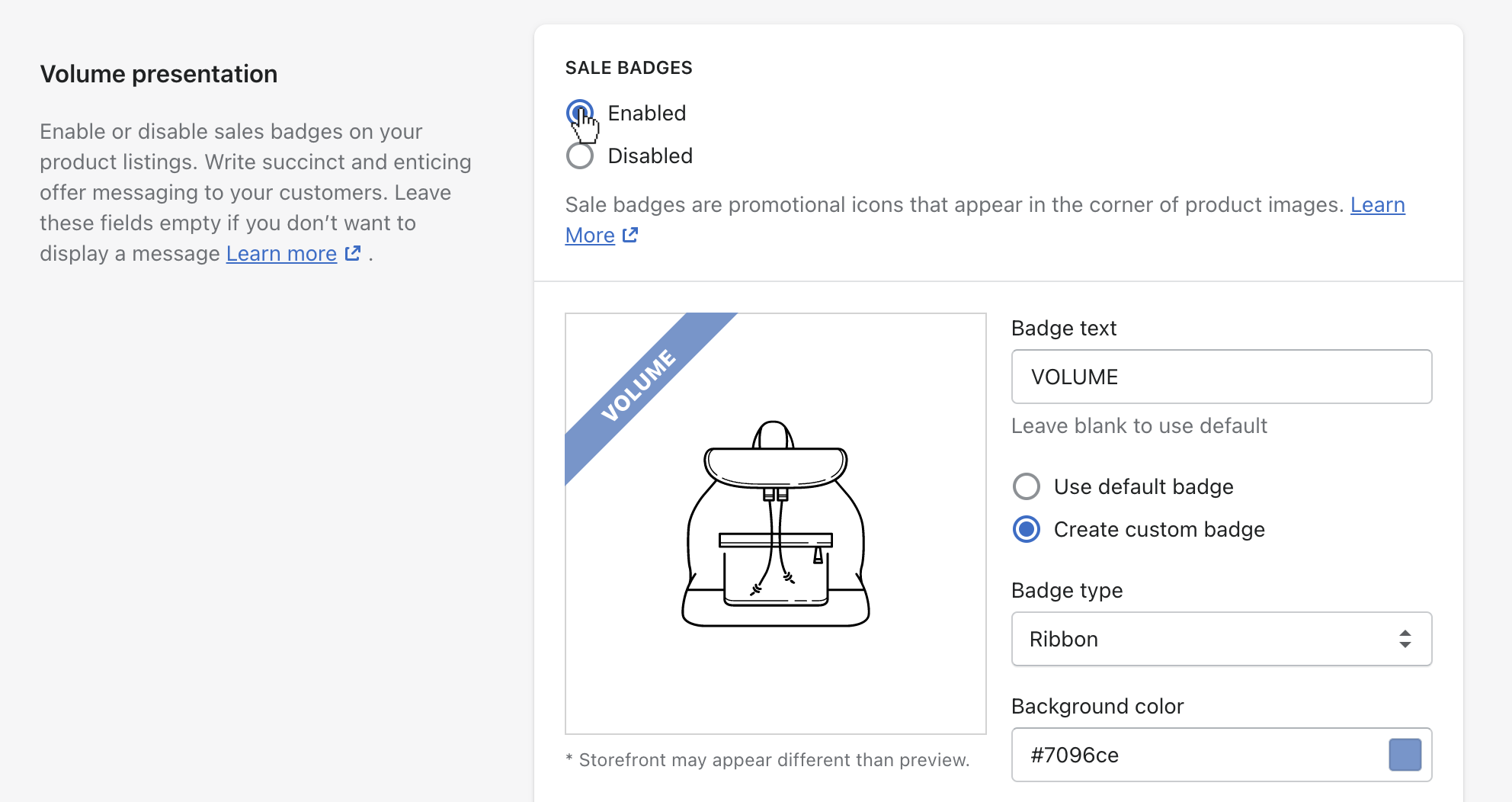 A setting within a Volume offer to turn sale badges on or off.