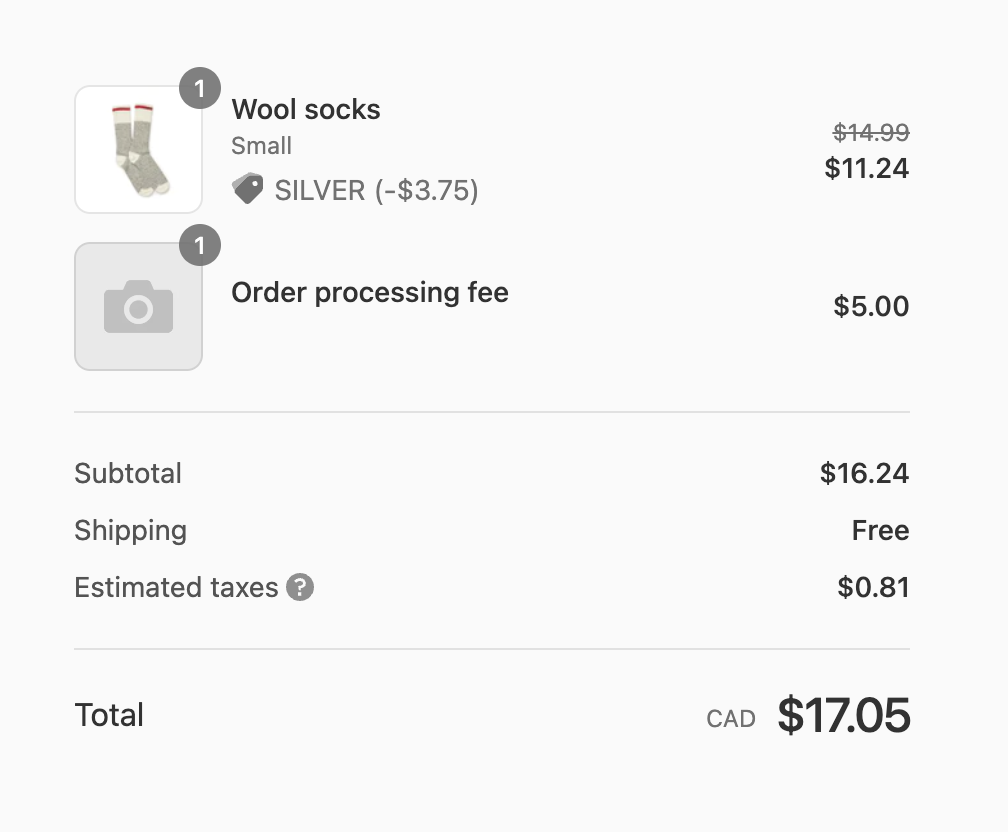 A Shopify checkout page with an Extra fee showing as a line item.
