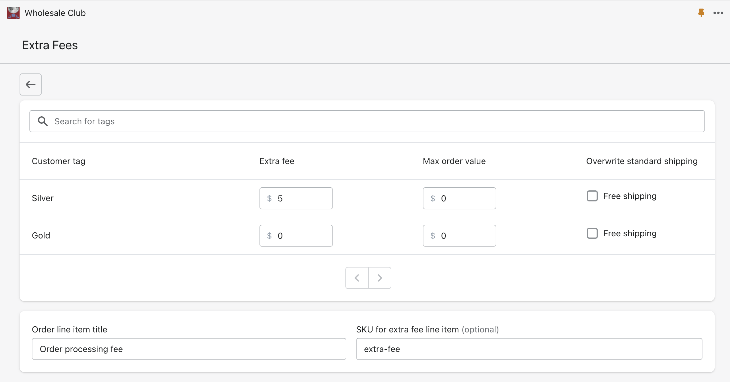 Extra fees settings where fees can be set for different wholesale tags.