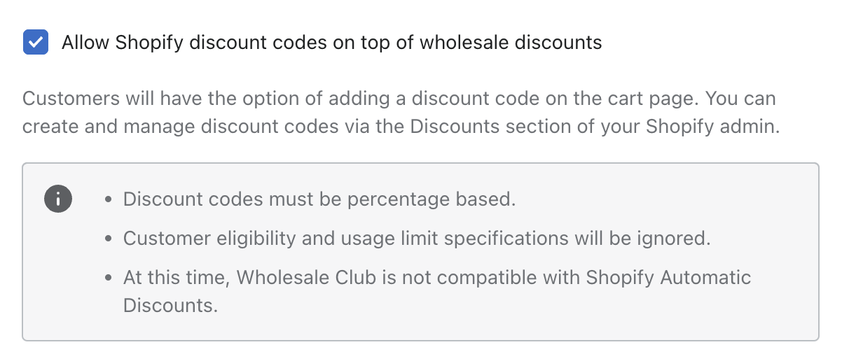 The setting which allows wholesale discounts to be combined with Shopify discount codes.