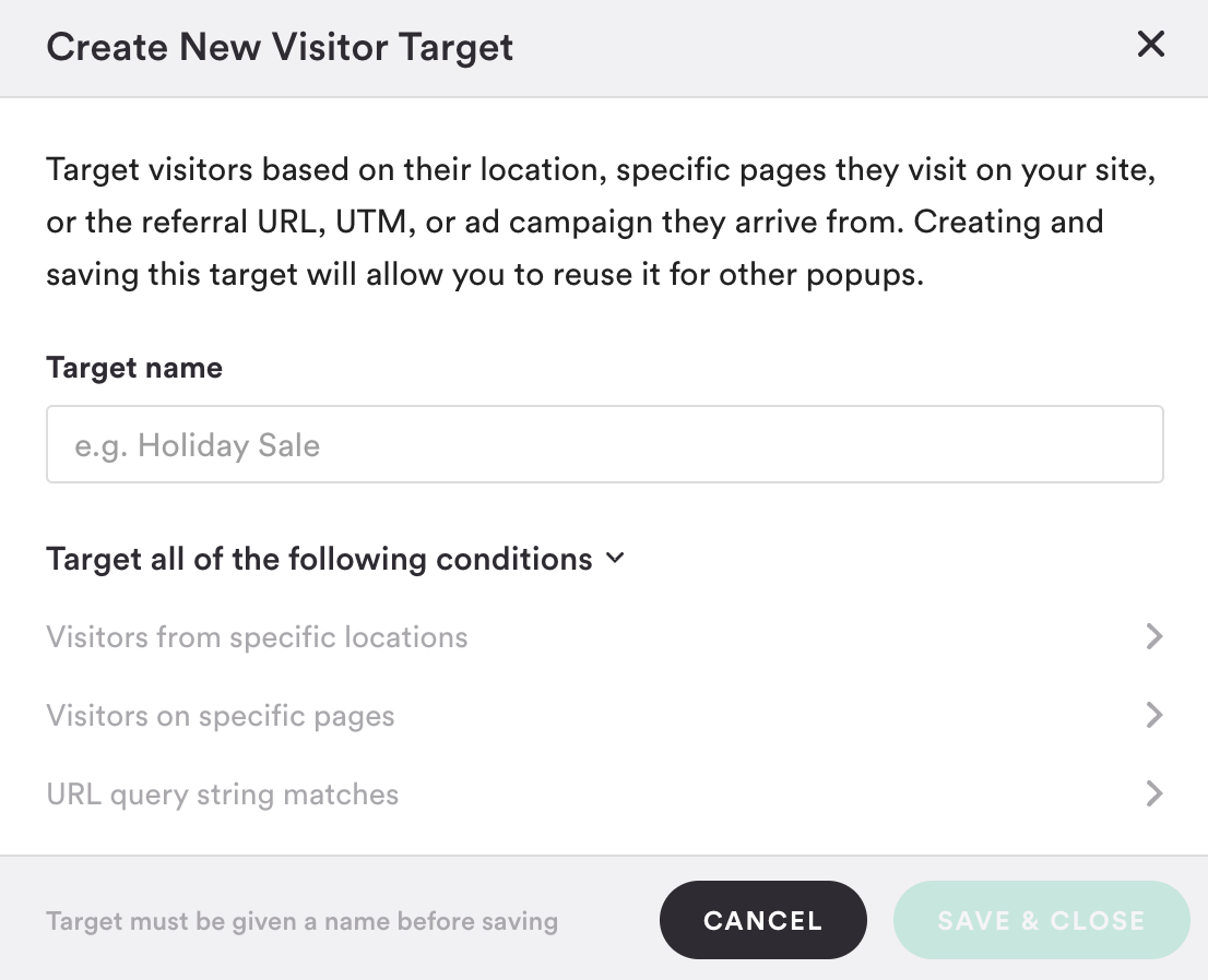 Options within the popup editor to create a new visitor target.