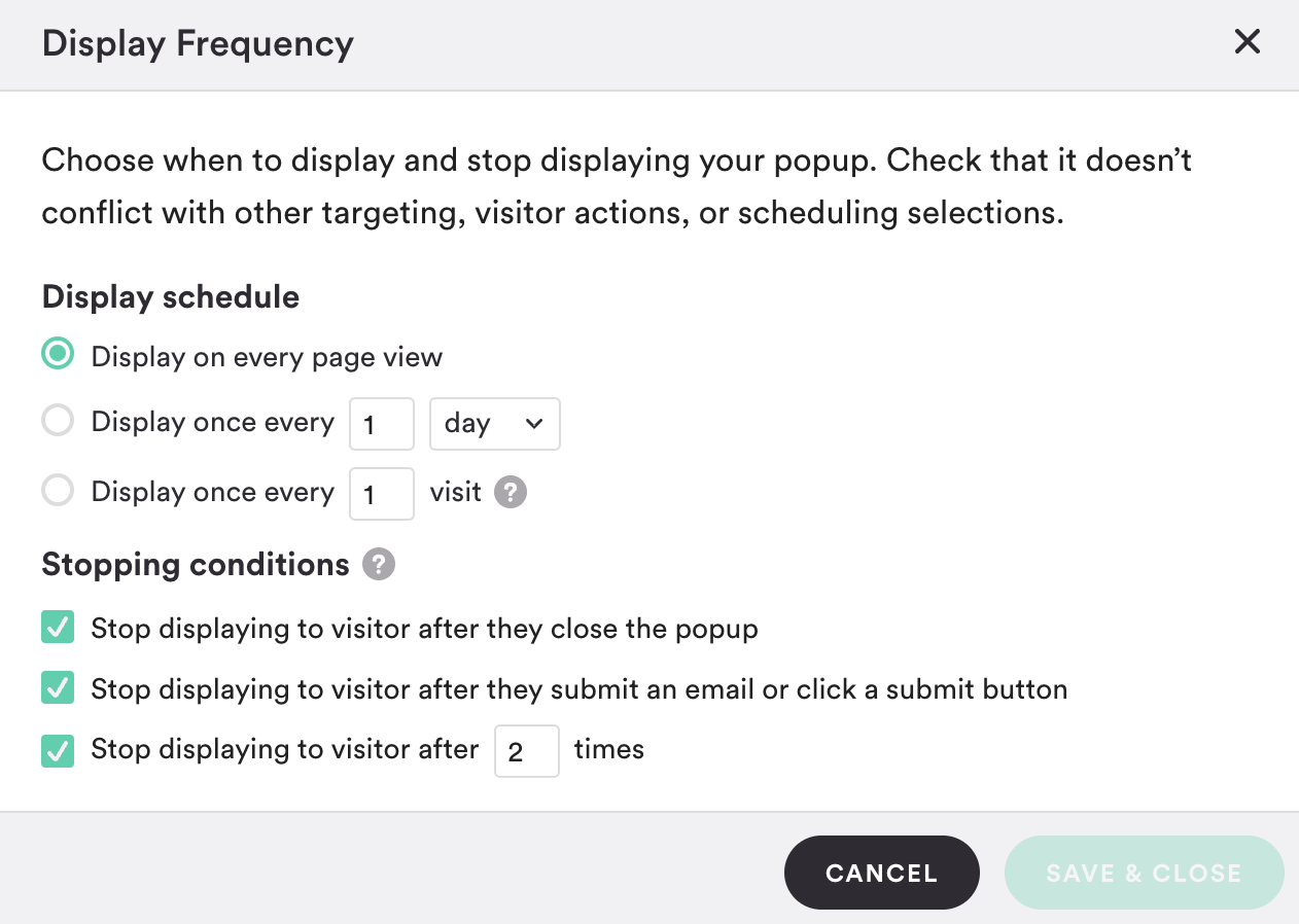 Display frequency settings within the popup editor.