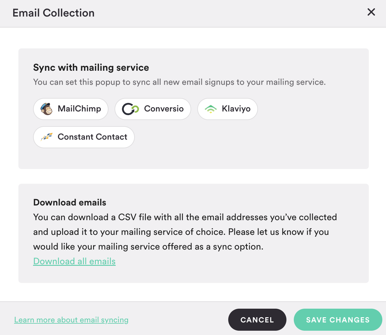 Email Collection settings where Klaviyo can be selected from a list of mailing services.