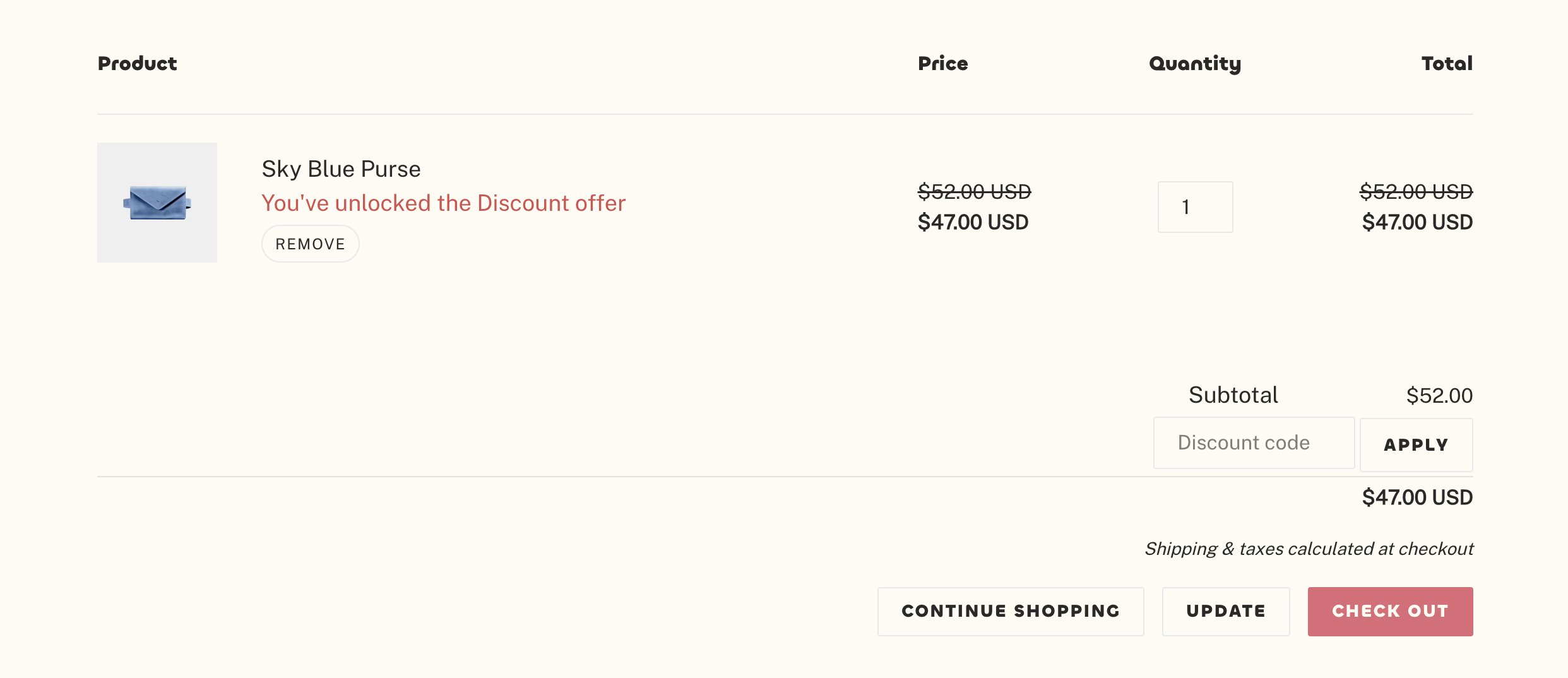 A Discount offer active on the cart page.