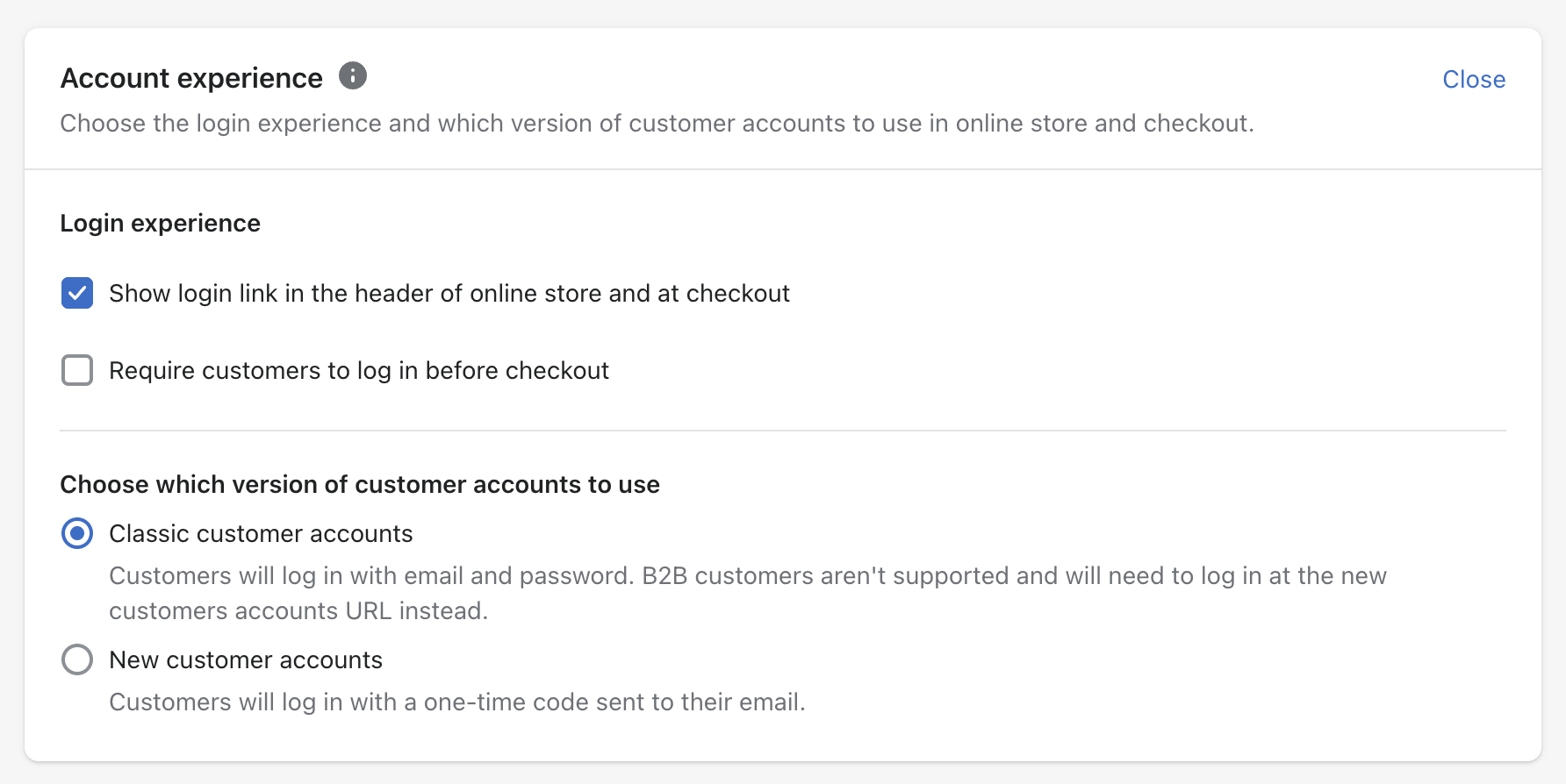 Account experience settings in the Shopify admin.
