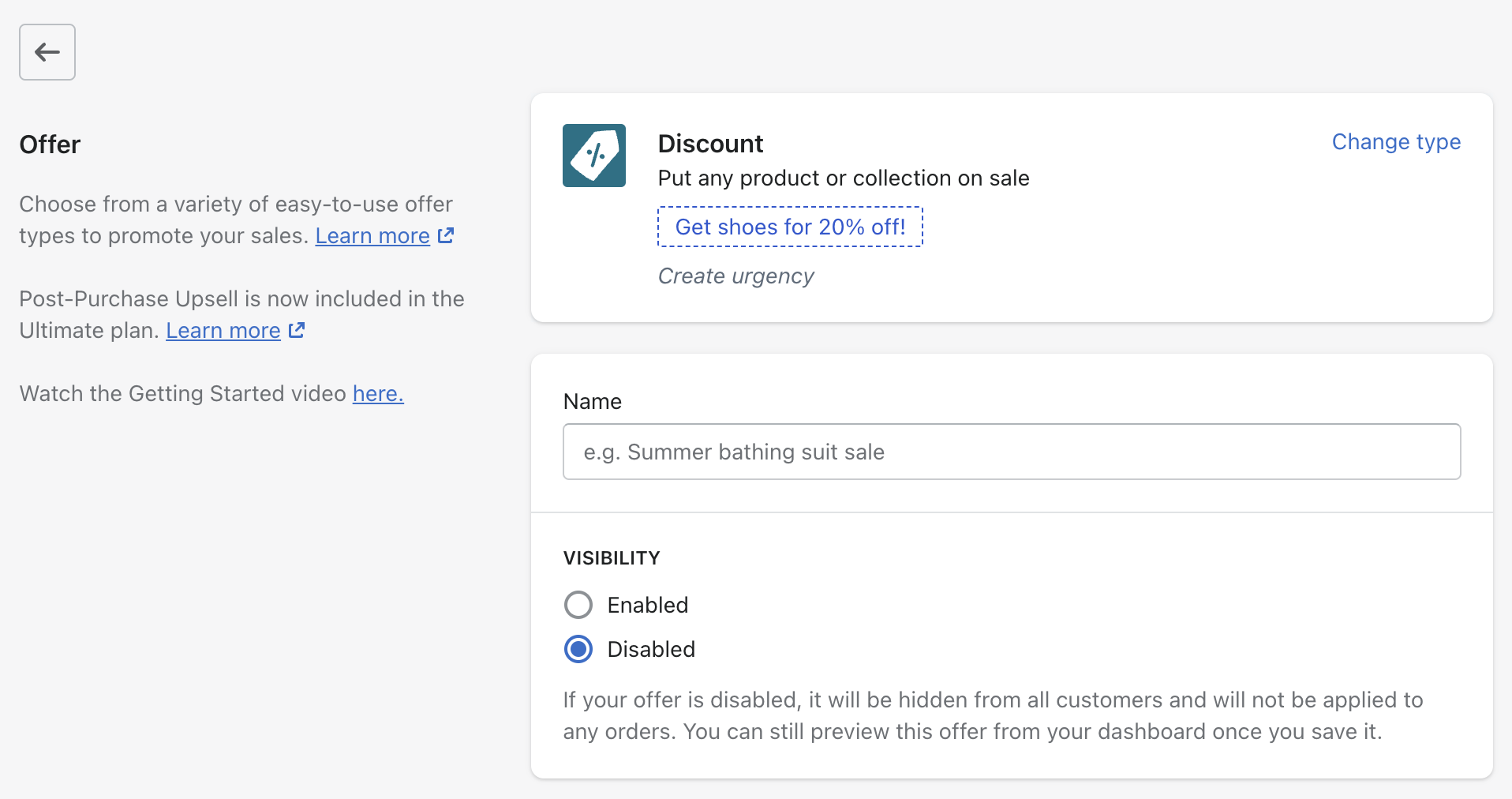 Settings to name a Discount offer and set its visibility.