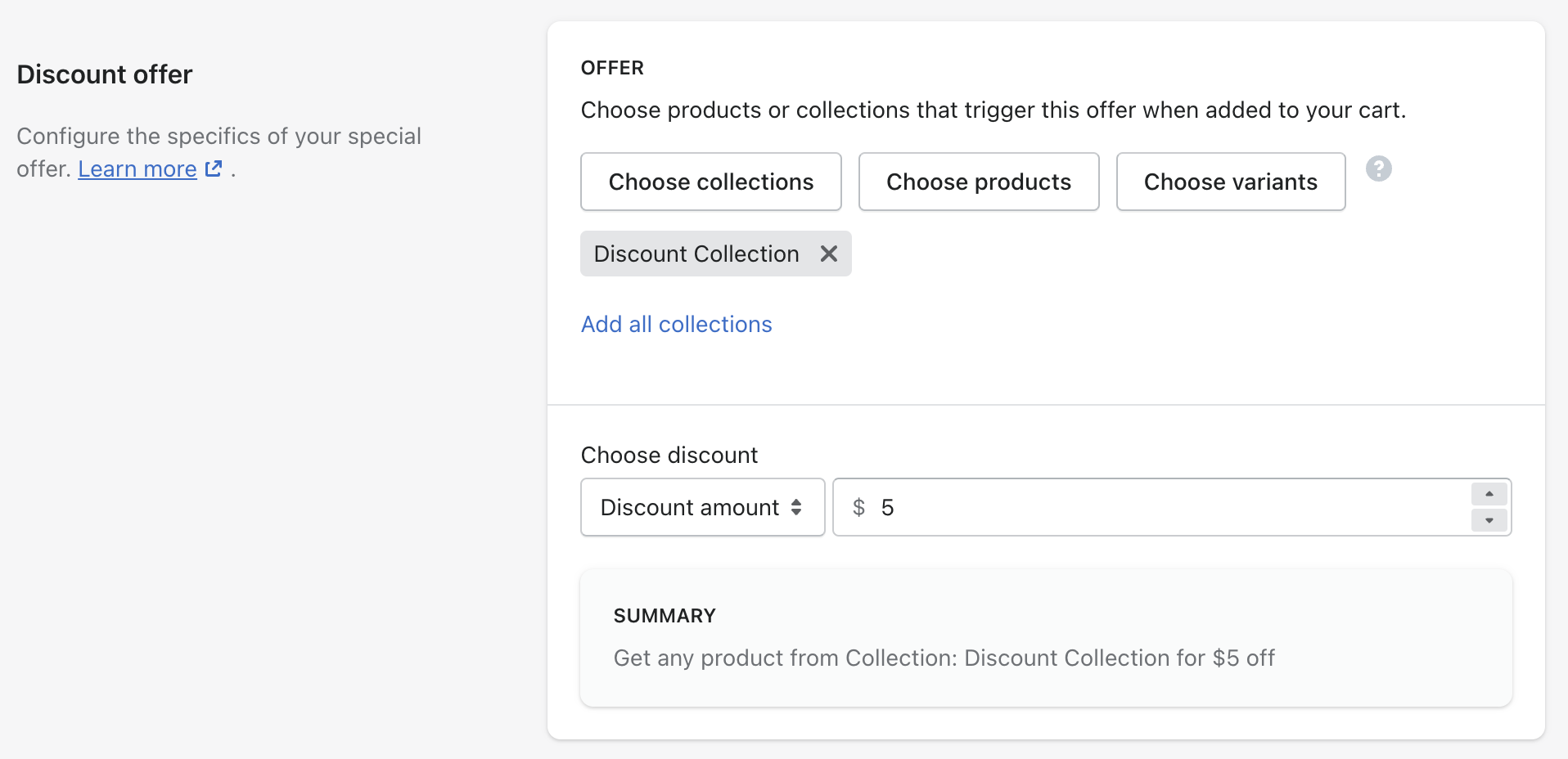Settings to target items and set a discount level for a Discount offer.