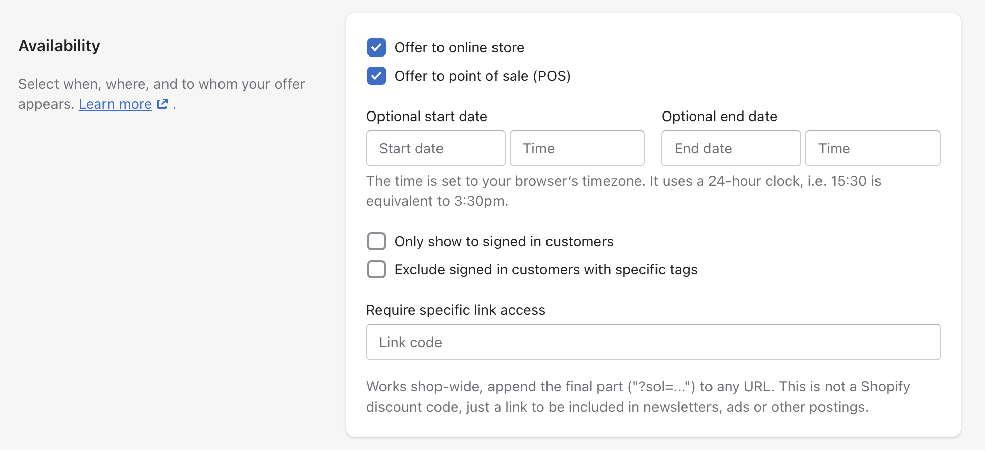 Availability settings to select a sales channel, schedule an offer, manage offer availability for customer accounts, and set unique offer links.