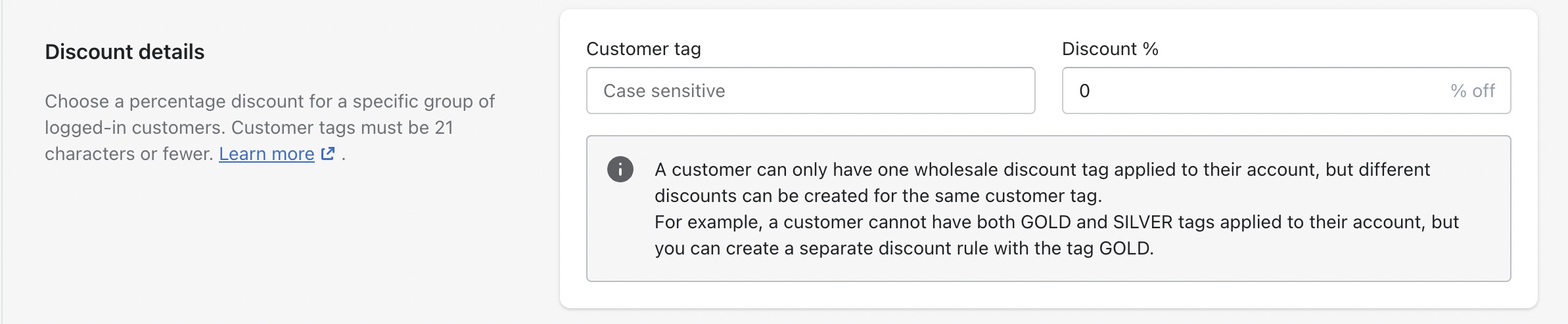Discount details settings in Wholesale Club where a discount level can be set and a tag name can be created.