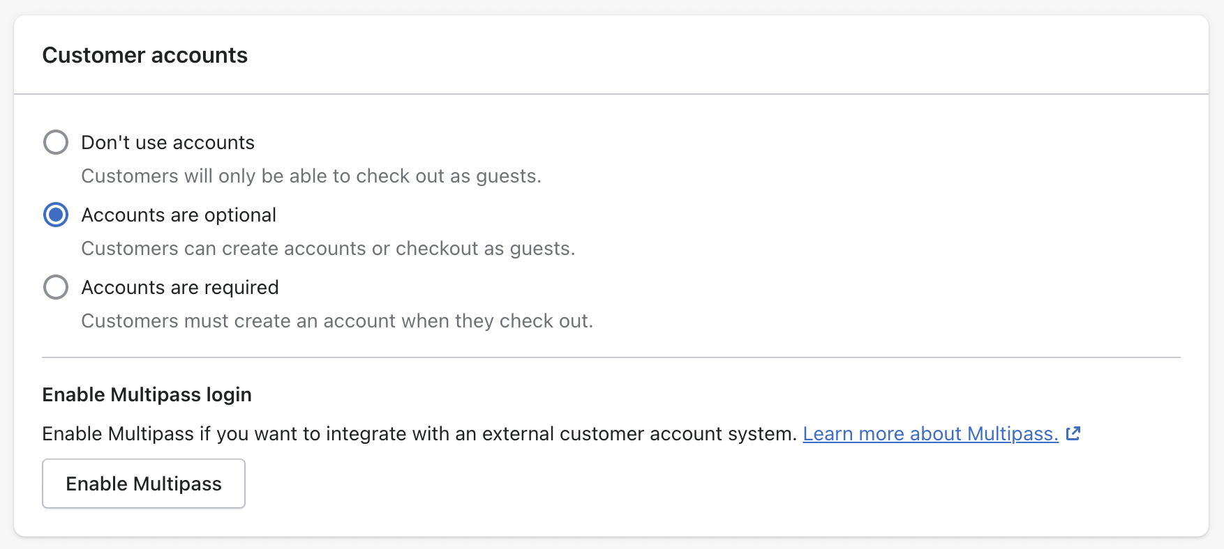 Checkout settings in Shopify where customer accounts can be set to disabled, optional, or required.
