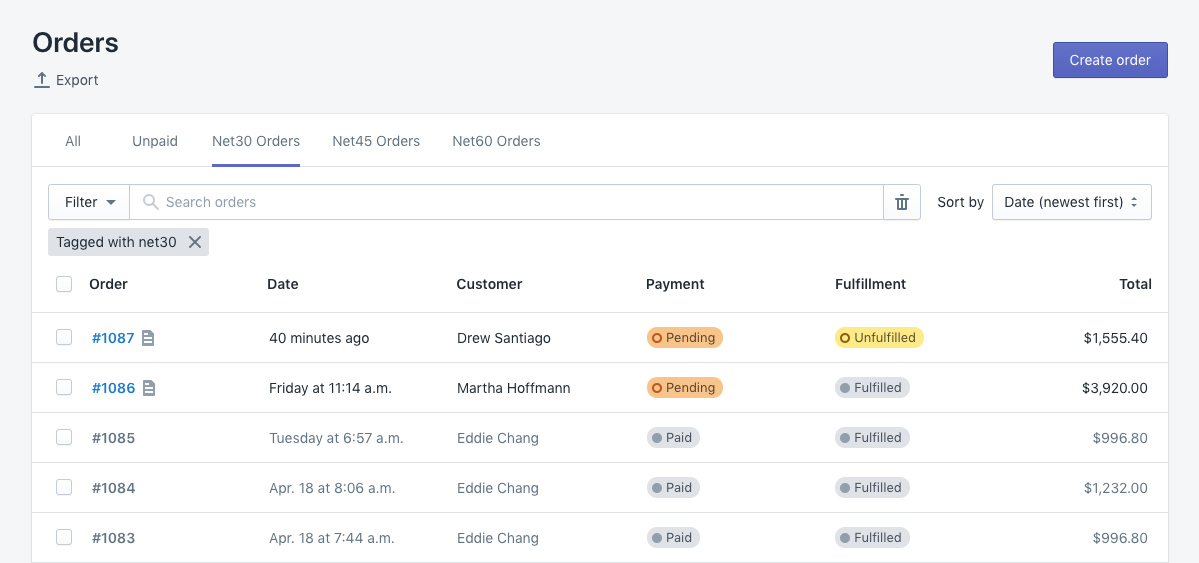 Shopify's order page with a filter to show orders tagged for Net Terms.