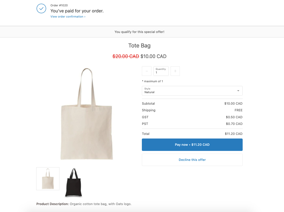 A Post-Purchase Upsell widget active in the checkout promoting a tote bag for a discounted price.