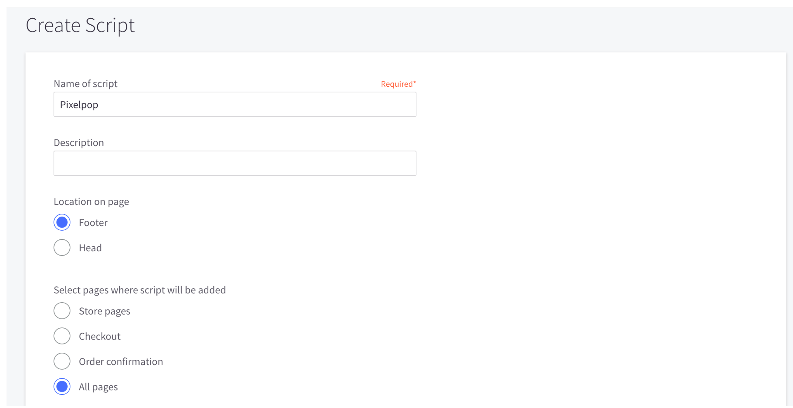 Settings within BigCommerce to create a script showing that the Footer and All pages options must be selected.