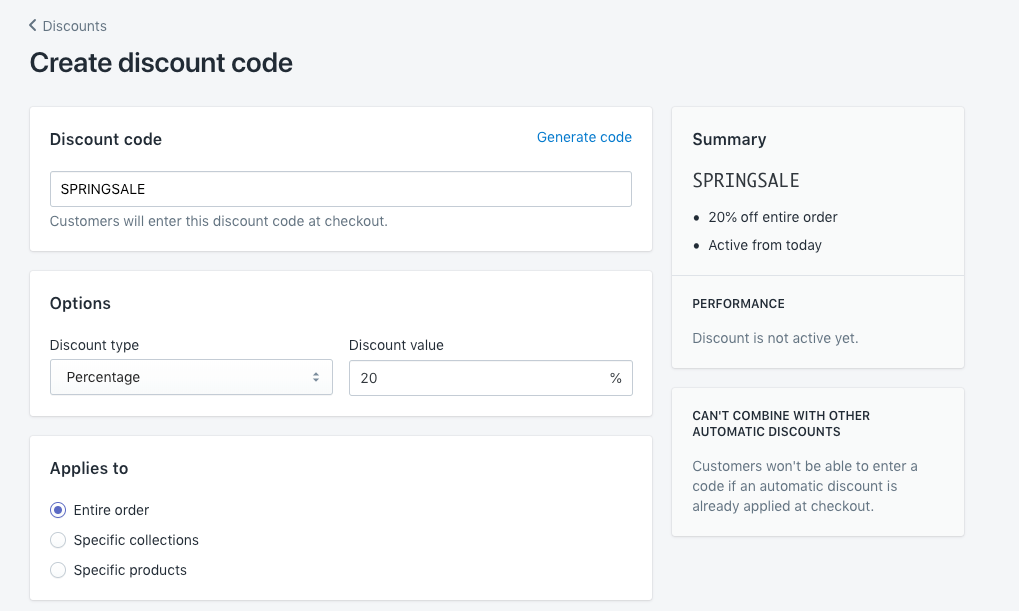 Discount code creation settings in Shopify.