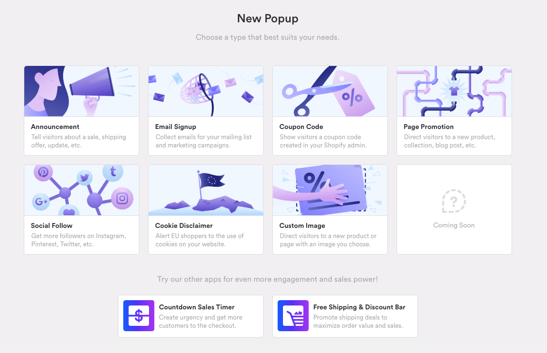 Different types of popups that can be created in the Pixelpop dashboard.