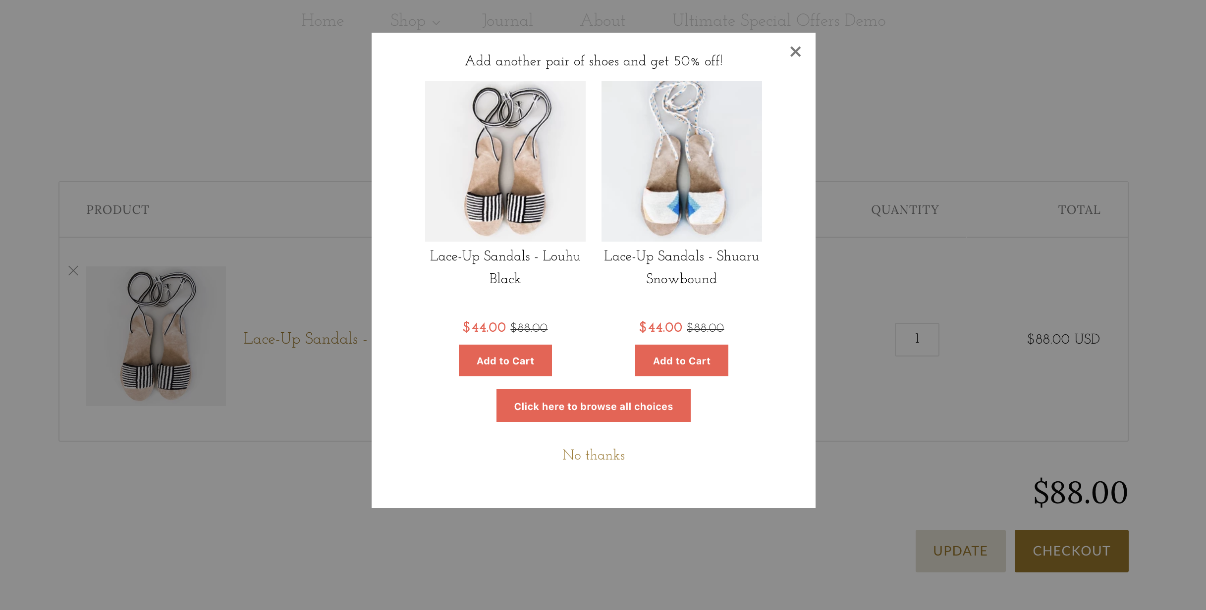 A BOGO popup on the cart page allowing customers to add another pair of shoes to the cart for a discounted price.