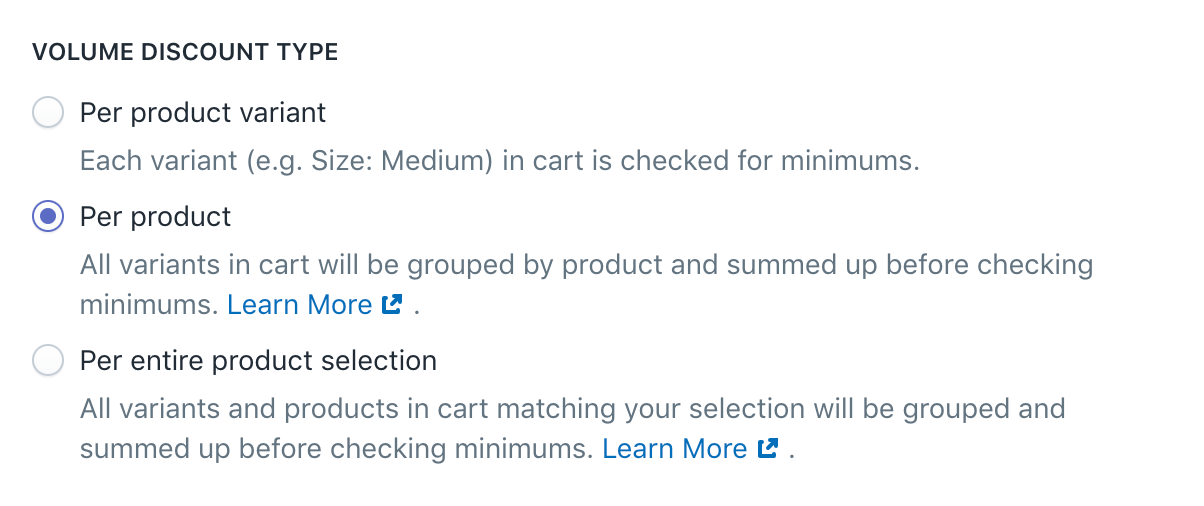 Settings to choose whether the offer counts items per product variant, per product, or per entire product selection.