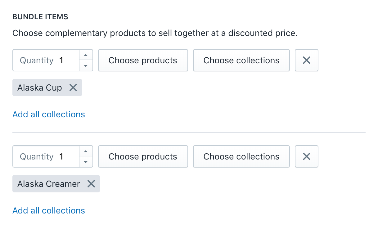 Buttons to select which collections, products, or variants are included in the offer.