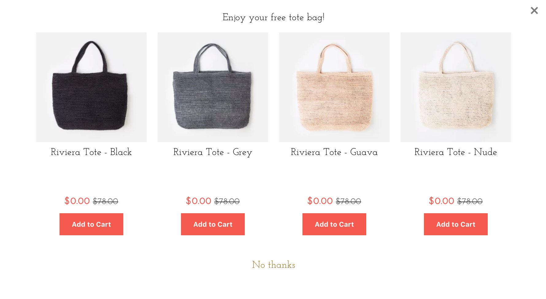 A popup offering customers their choice of a free tote bag after reaching a spend goal.