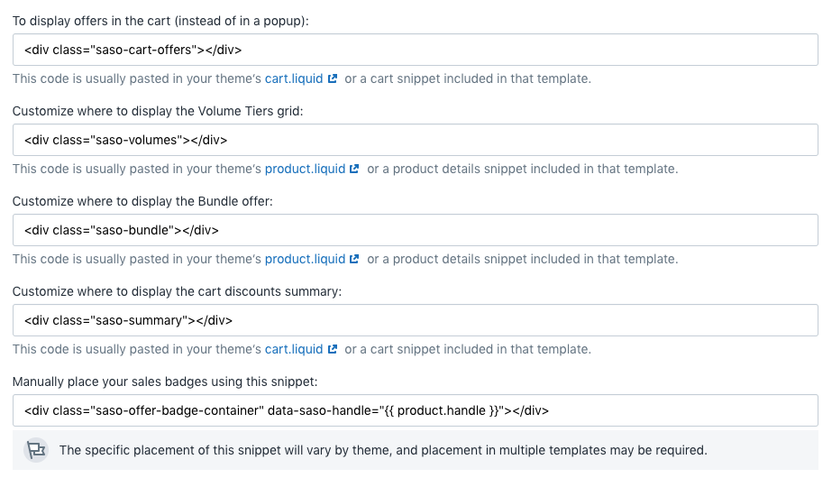 Various code snippets that can be used to change the position of different app elements like volume tables, bundle widgets, and cart summaries.