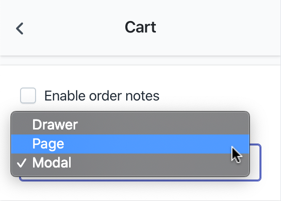 A setting in the Shopify theme editor to switch to a page cart.
