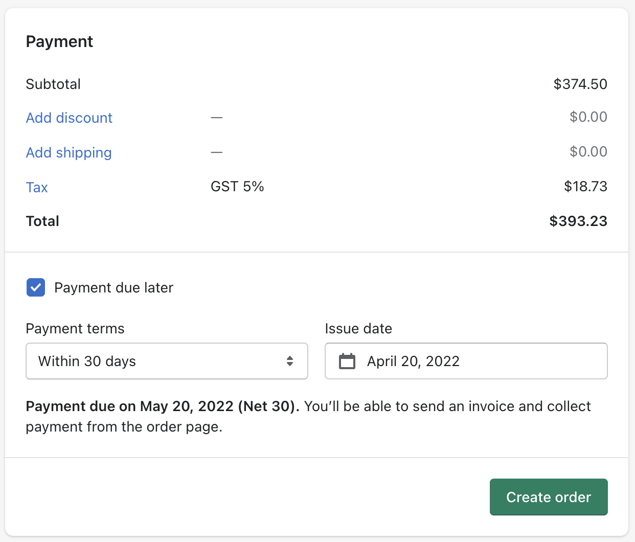 Shopify draft order with a button to email an invoice to a customer with payment terms.