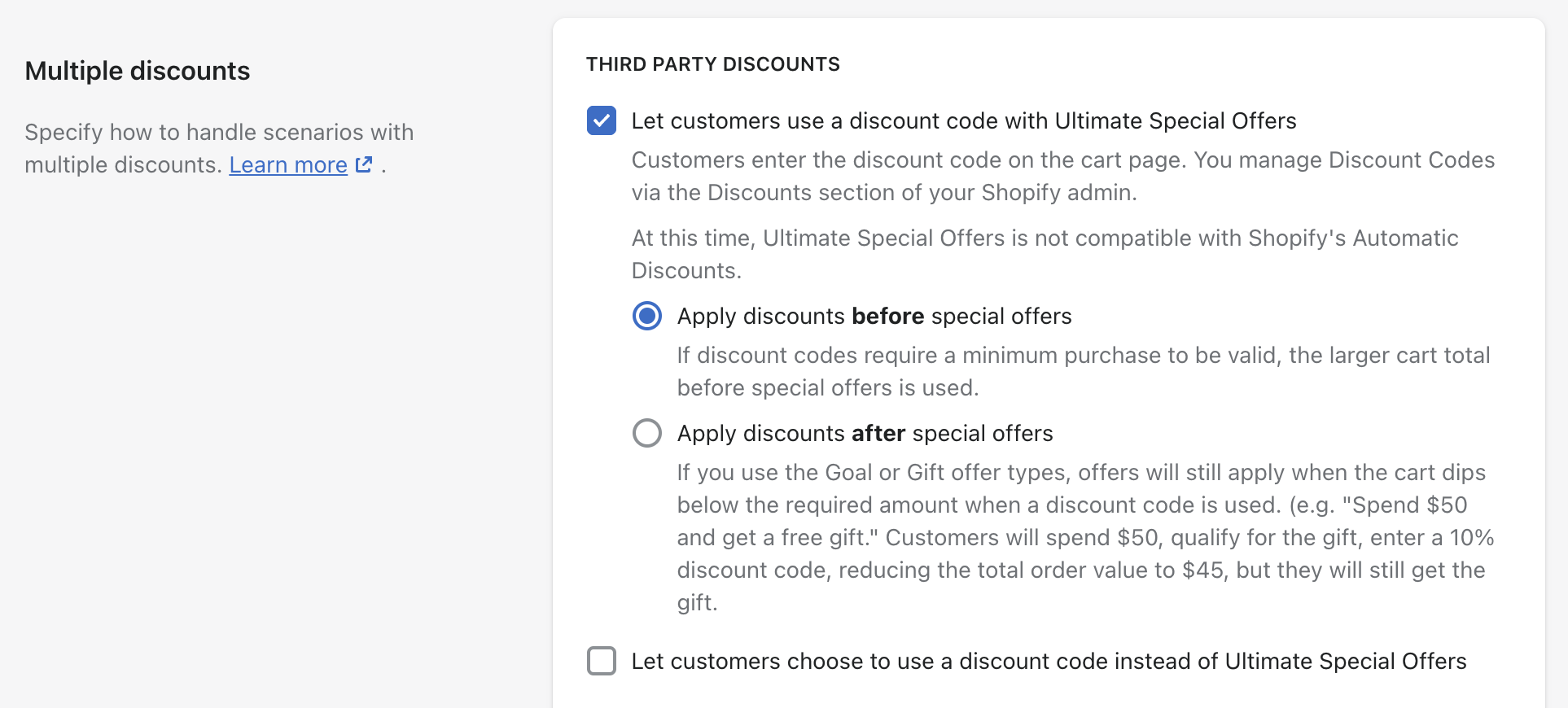 Settings in Ultimate Special Offers to allow customers to combine certain discount codes with offers.