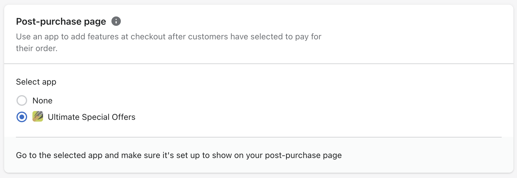 A button in Shopify's checkout settings where Ultimate Special Offers can be enabled for post-checkout features.